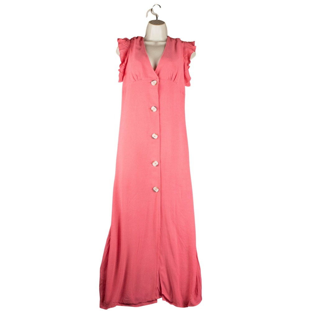 BB DAKOTA Womens 4 Pink Cottagecore Button Front Dress Flutter Sleeve Boho Maxi‎